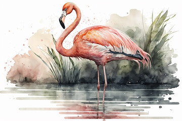 Watercolor painting of a peaceful flamingo in the water. Beautiful artistic animal portrait for poster, wallpaper, art print. Made with generative AI.