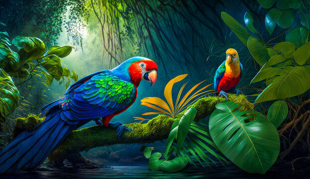 Two parrots sitting on branch in the jungle. Generative AI.