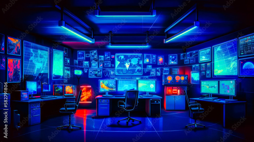 Aufkleber the dark room is filled with computers and monitors. generative ai.
