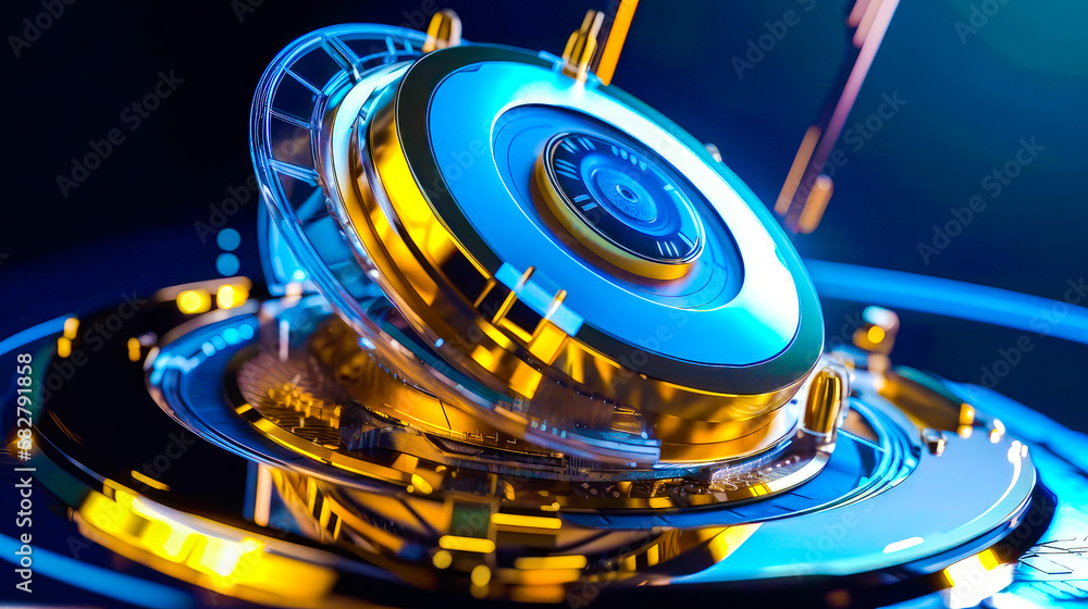 Poster close up of gold and blue circular object. generative ai.