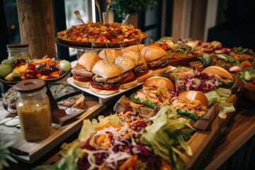 Buffet table in a restaurant with cold snacks, salads and mini burgers - generative ai