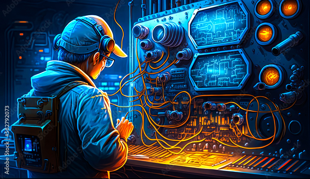 Aufkleber an illustration of man working on computer. generative ai.