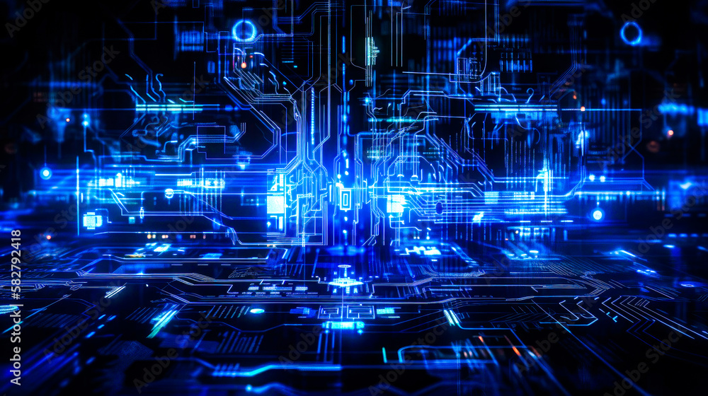 Poster an image of an electronic circuit board with blue lights. generative ai.