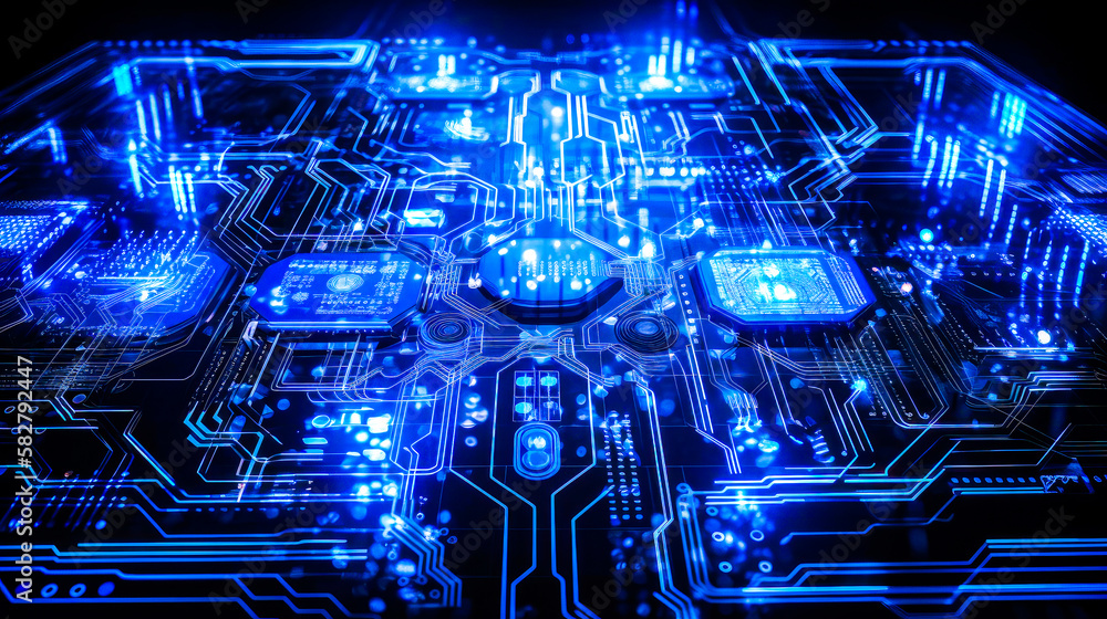 Poster an image of circuit board with blue lights. generative ai.