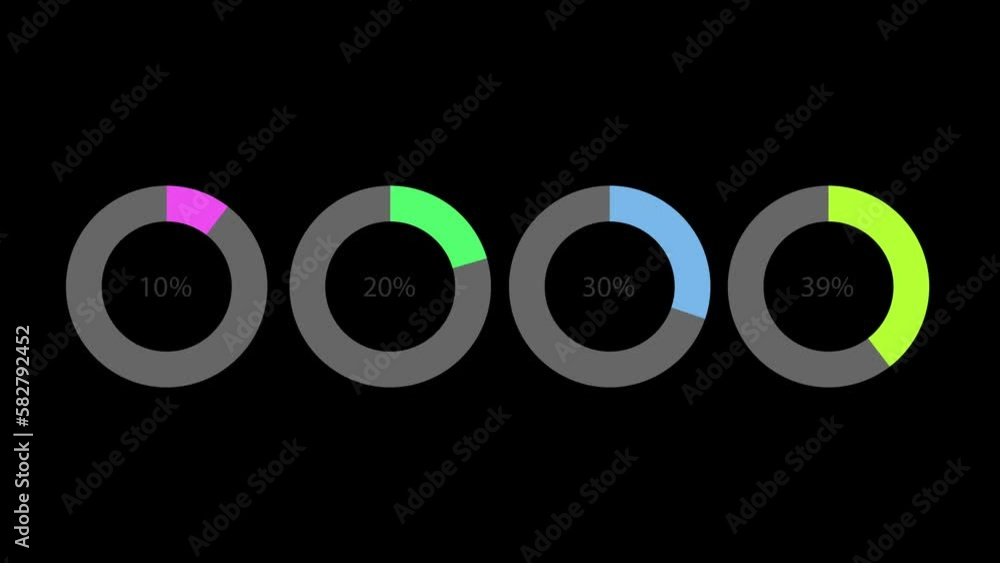 Poster four radial circular chart with different percentages. diagram elements isolated on black background
