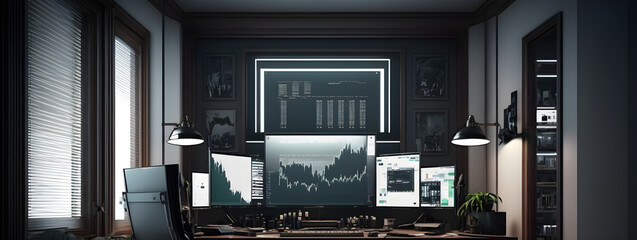 Broker's desktop, stock trading, minimalist style, cinematic lighting.