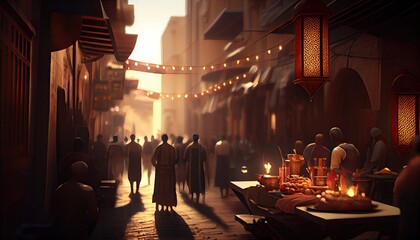 A bustling street, with people breaking fast and sharing food ramadan of celebration background. generative ai