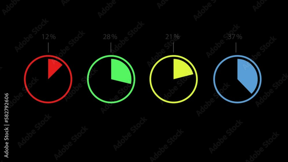 Poster four radial circular pie chart with different percentages. diagram elements isolated on black backgr