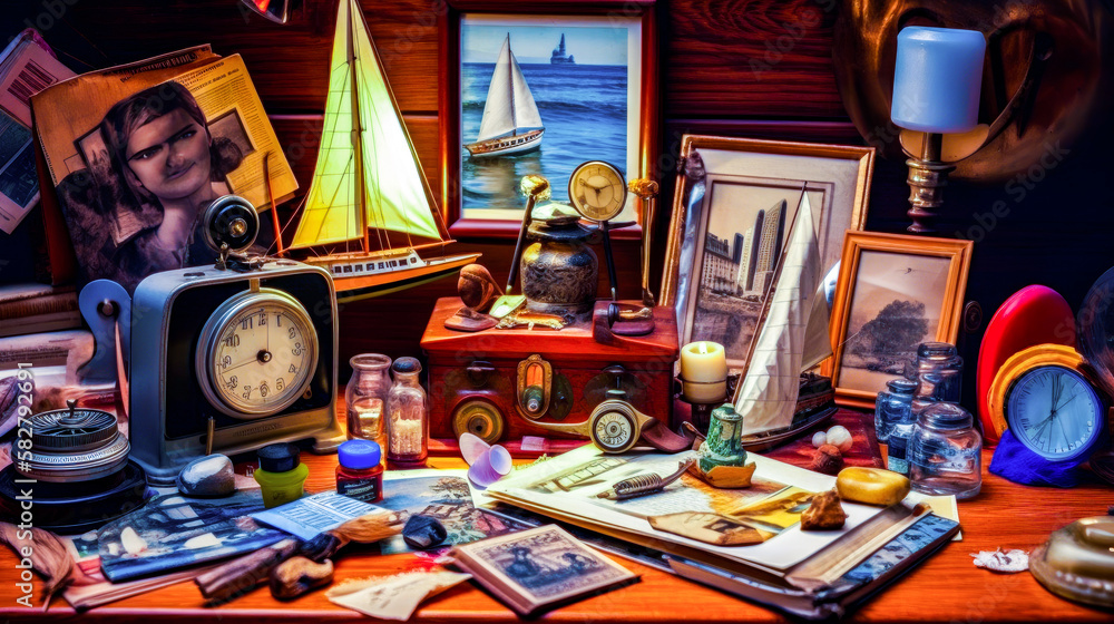 Poster Table with various items on it, including clock. Generative AI.