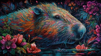 Capybara painting in floral ornament illustration