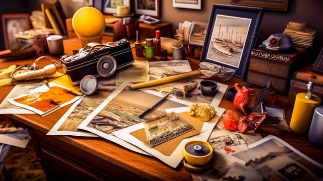 Desk is filled with old photographs and other items. Generative AI.