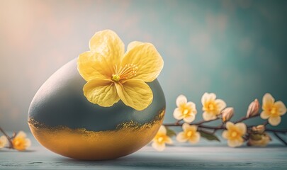 Obraz na płótnie Canvas an egg with a yellow flower on it sitting on a table next to a branch with yellow flowers on it and a blue background with yellow and white flowers. generative ai