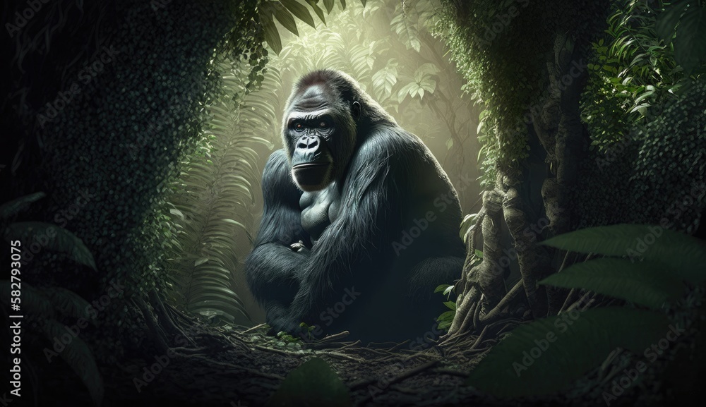 Wall mural gorilla hidden in the forest. created with generative ai.