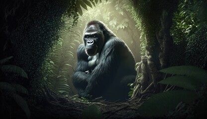 Gorilla hidden in the forest. Created with Generative AI.