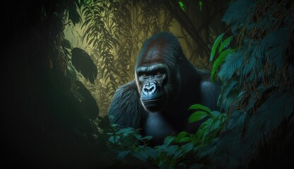 Gorilla hidden in the forest. Created with Generative AI.