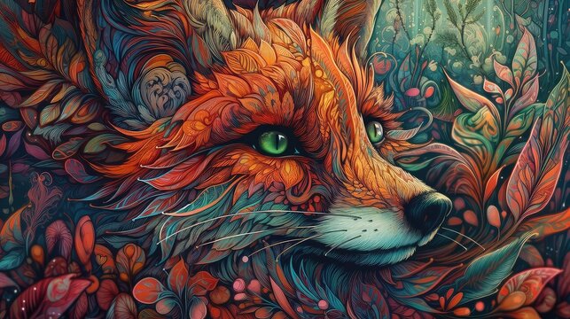 Fox painting in floral ornament illustration