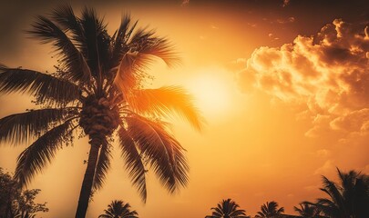  a palm tree is silhouetted against a sunset in a tropical setting with clouds in the sky and sun shining down on the palm trees. generative ai