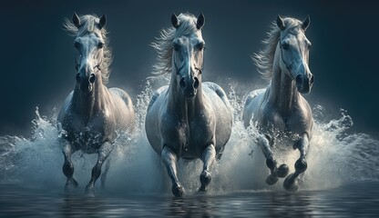 Obraz na płótnie Canvas three white horses running in the water. Created with Generative AI.