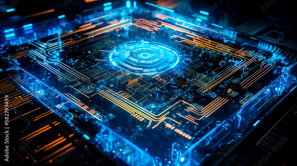 Poster an image of an electronic circuit board with blue lights. generative ai.