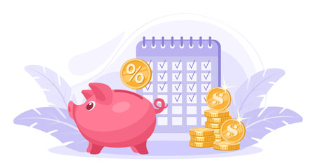 Piggy bank pig and money gold coins, on the background of the calendar. The concept of saving money and managing finances. Getting profit as a percentage of investments and bank deposits, dividends.