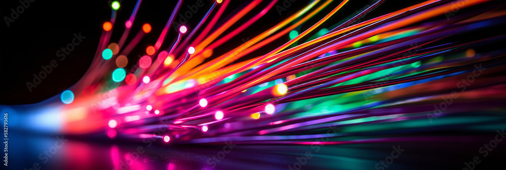 Poster high-speed network data transfer with colorful lines and an optical fiber speed idea drawing. - gene