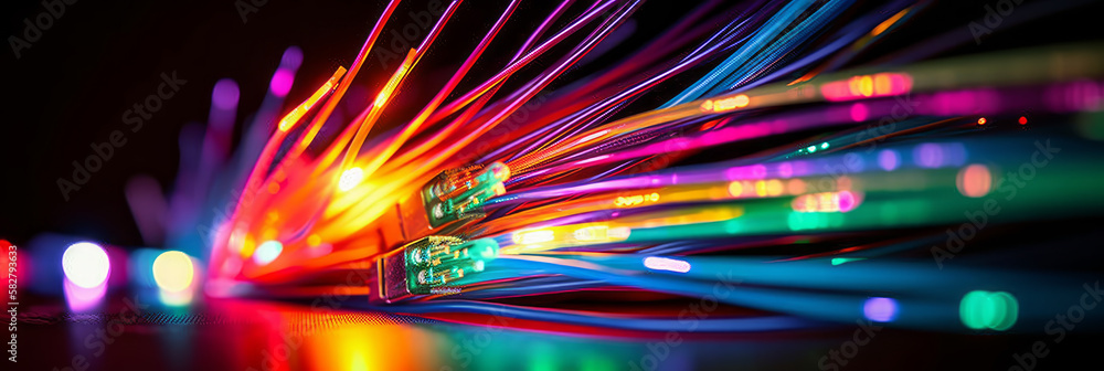 Poster high-speed network data transfer with colorful lines and an optical fiber speed idea drawing. - gene