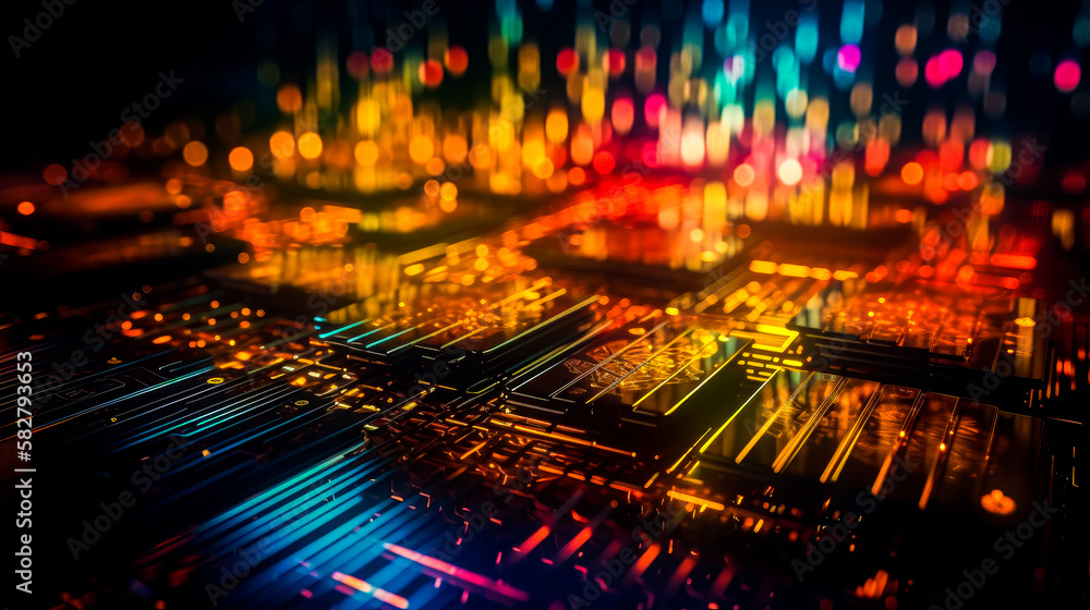 Poster an image of computer circuit board with colorful lights. generative ai.