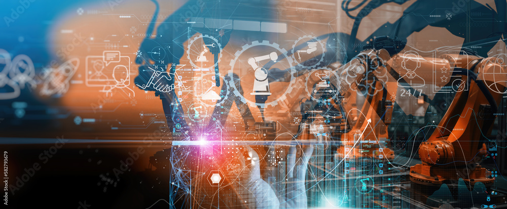 Poster Engineer hand using digital tablet and checking icon robotics automatic arms machine. Augmented reality in intelligent factory  industrial with monitoring system software.