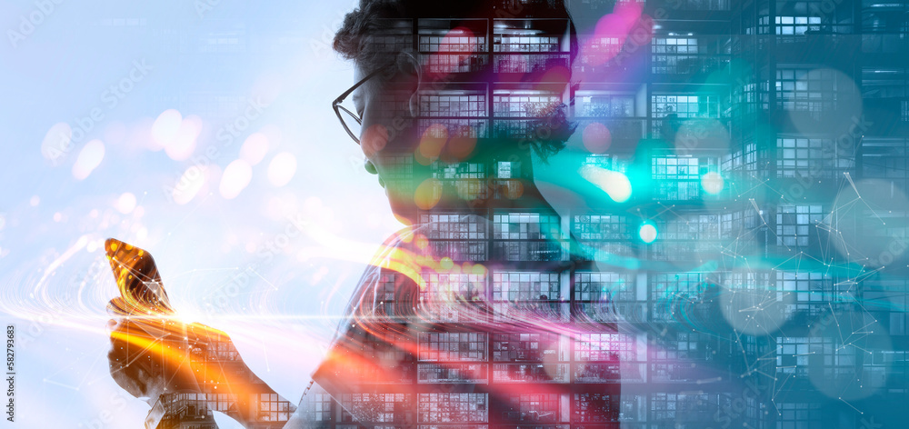 Poster Business woman using mobile smartphone on global network connection and data customer connection on blue background, Digital marketing, Data exchanges, Innovative and technology