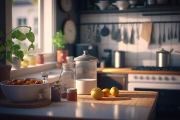 Fototapeta na wymiar A kitchen countertop with lots of food, 3d style, background generated ai