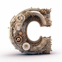 Letter C in mechanical form with golden white accent