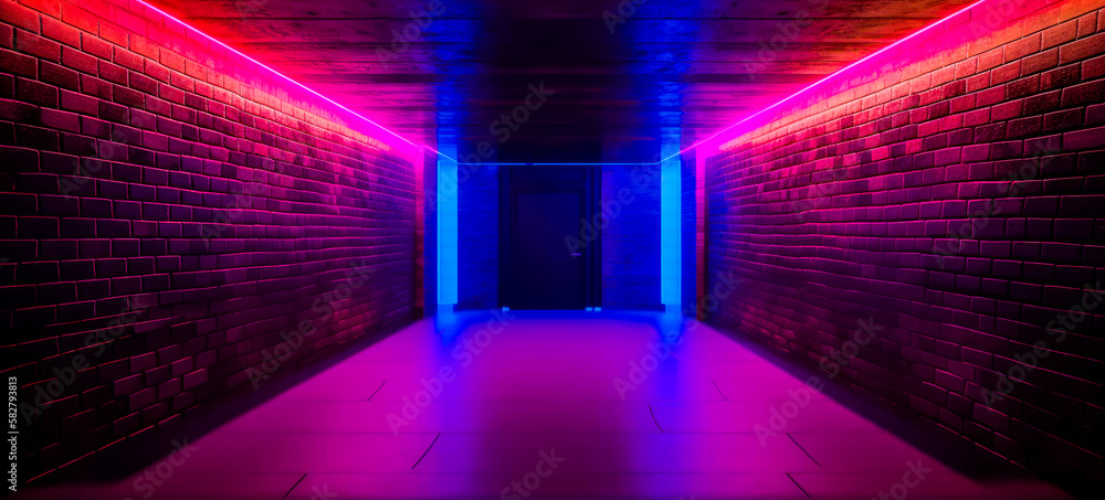 Poster hallway with red and blue lights in it. generative ai.