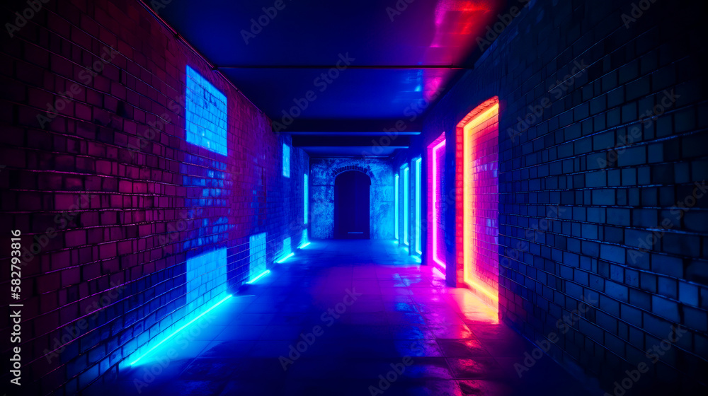 Poster dark tunnel with neon lights in it. generative ai.