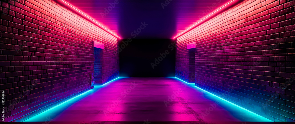 Poster dark tunnel with neon lights in it. generative ai.