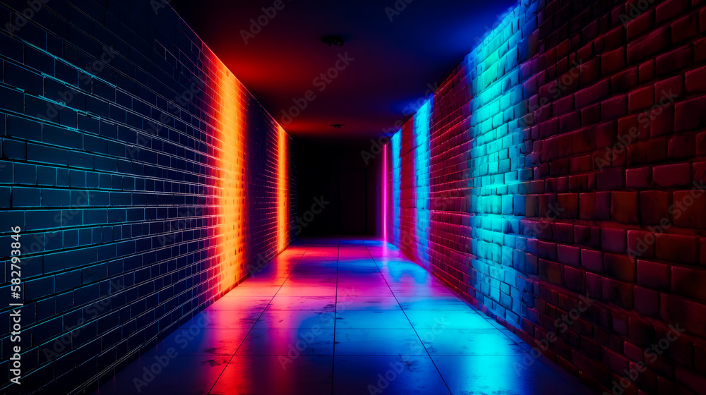 Poster dark tunnel with neon lights in it. generative ai.
