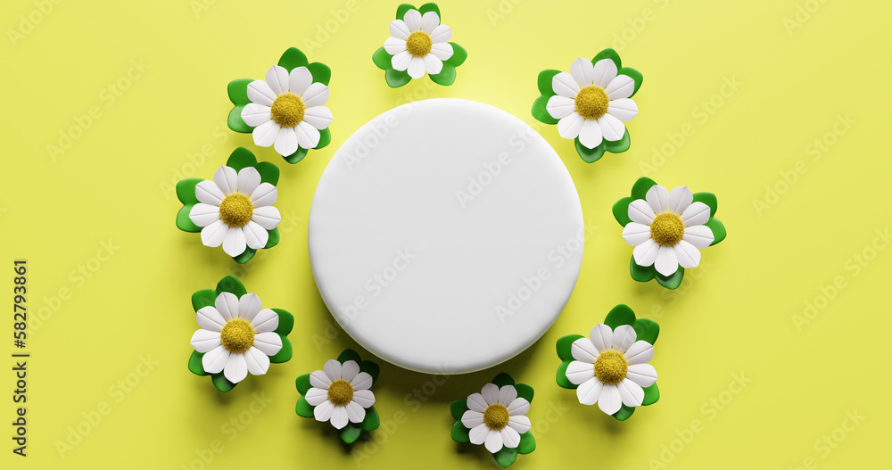 Poster an empty white circle in the center surrounded by flowers. 3d rendering.