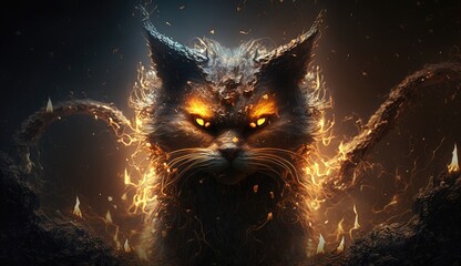 Demonic cat, evil cat in hell. Created with Generative AI.	
