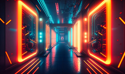 A vibrant and dynamic passage of neon lights and laser beams in a digital realm