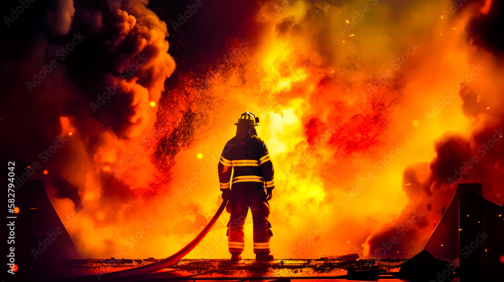 Poster firefighter stands in front of large fire. generative ai.