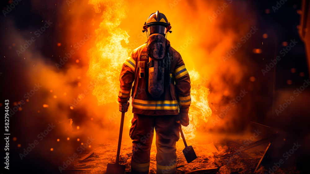 Poster firefighter stands in front of large fire. generative ai.