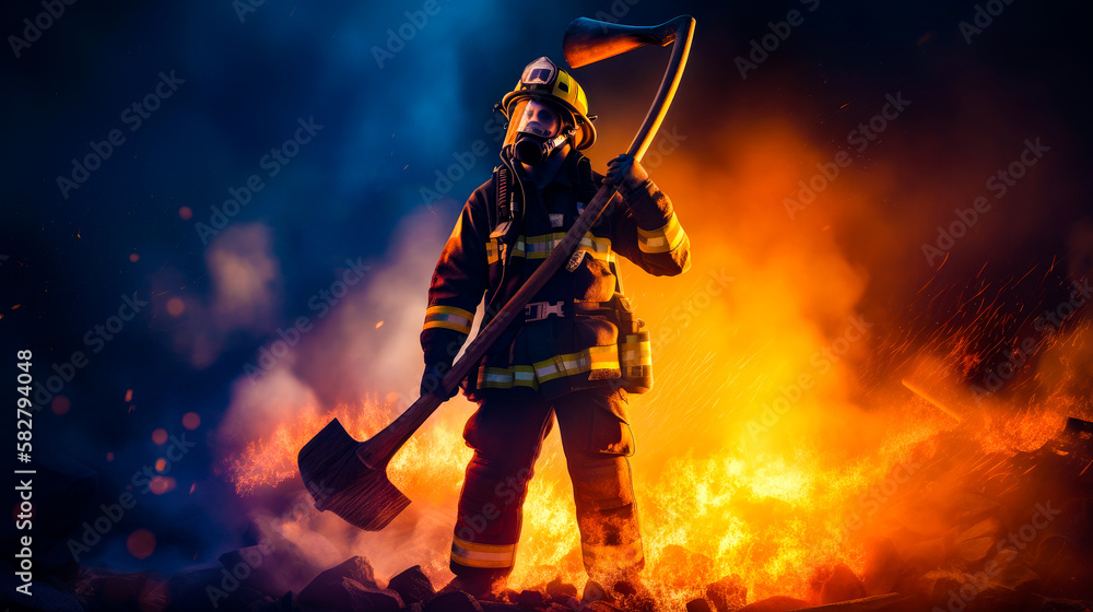 Aufkleber firefighter stands in front of fire with an axe. generative ai.
