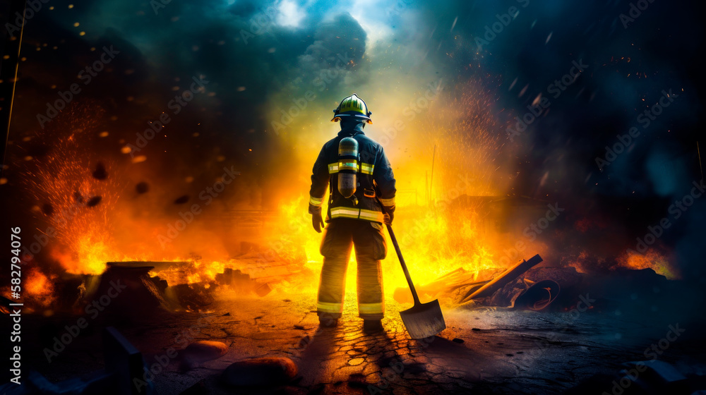 Poster fireman stands in front of burning building. generative ai.