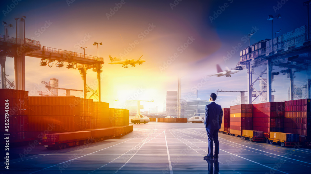 Aufkleber man standing in front of cargo containers with airplanes flying overhead. generative ai.