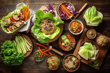 Healthy dinner table with nutritious Buddha bowl, lettuce wraps, vegetables and salads, top view over a wood backdrop - generative ai