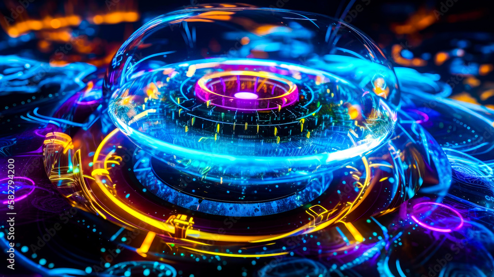Poster an abstract image of futuristic machine with glowing lights. generative ai.