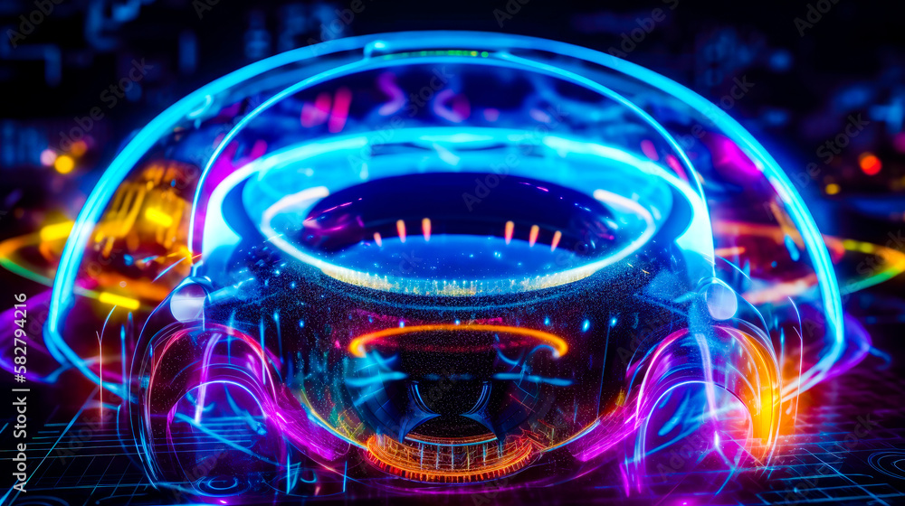 Poster an abstract image of futuristic helmet with neon lights. generative ai.