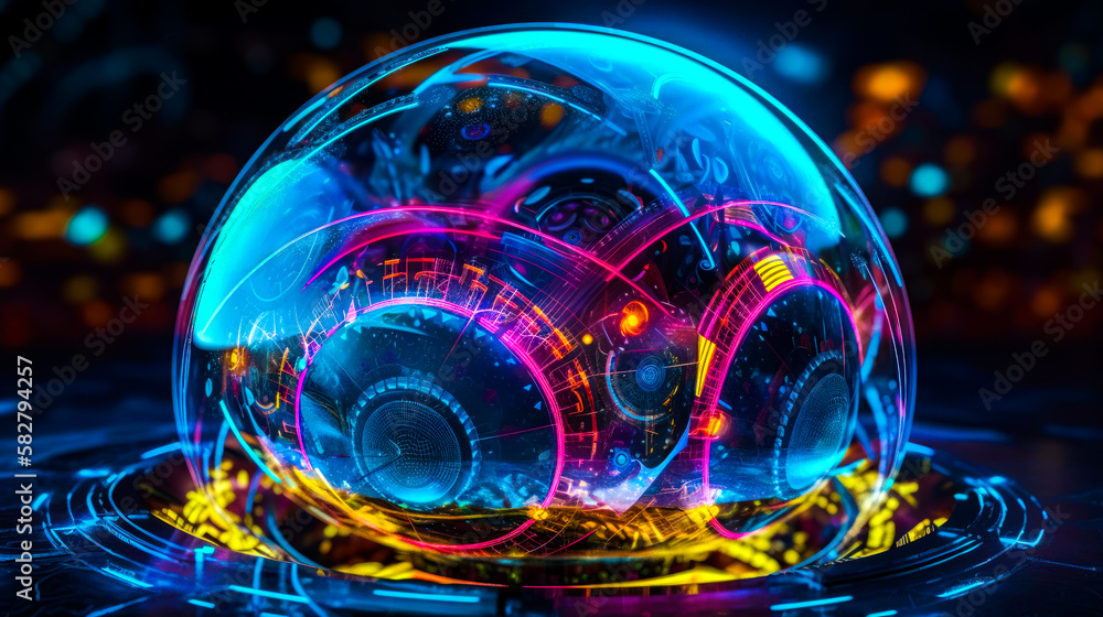 Poster an abstract image of futuristic sphere with glowing lights. generative ai.