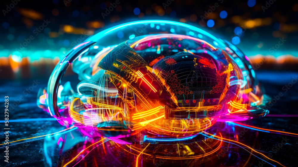 Poster an abstract image of futuristic helmet with neon lights. generative ai.