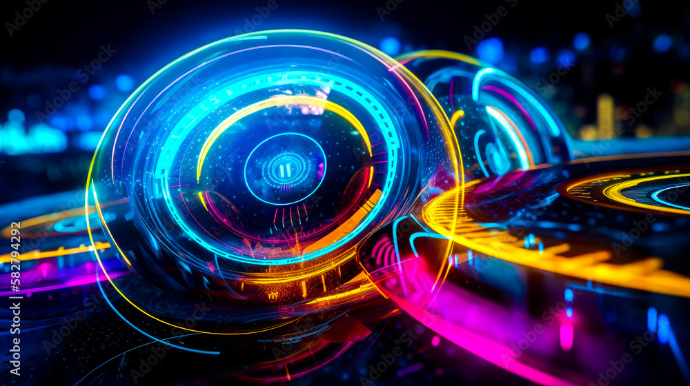 Aufkleber an image of two glowing circles on dark background. generative ai.