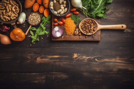 Organic vegetarian ingredients and kitchen tools on a wooden tabletop, copy space - generative ai